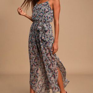 Lulus Flow With Me Navy Blue Floral Print Jumpsuit